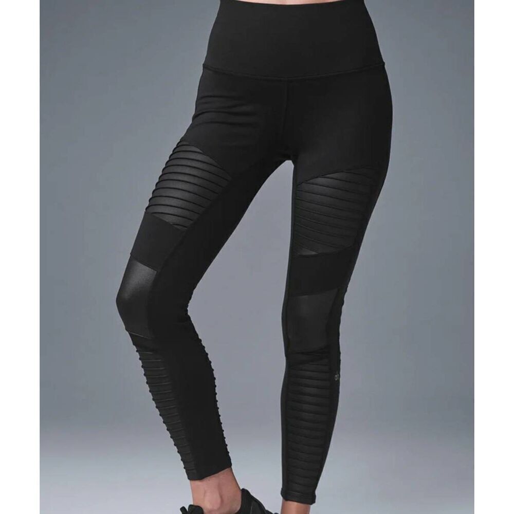 ALO Yoga Leggings Women's Small Black Moto Shine Mid Rise Tights Athletic